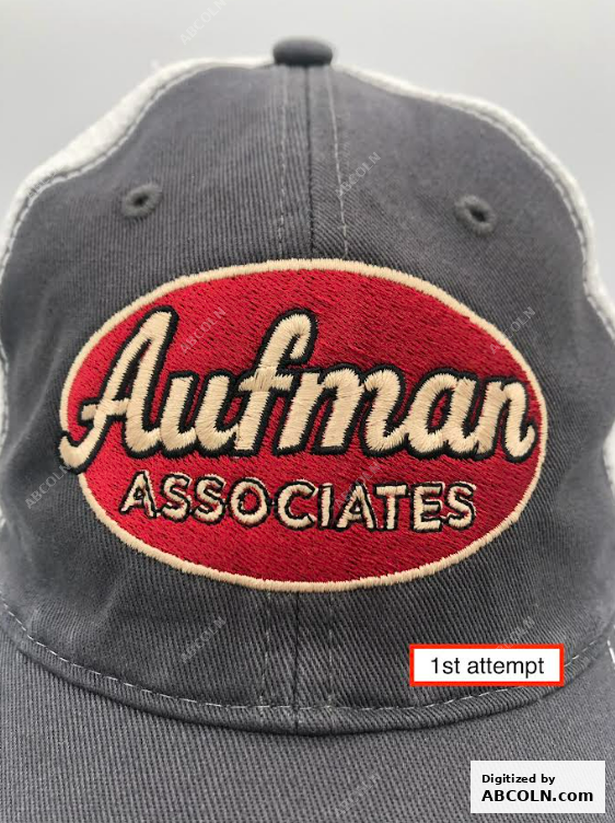 Small Text with Outline Aufman Associates with Embroidered Run Stitch outline for 7 and a half mm tall text